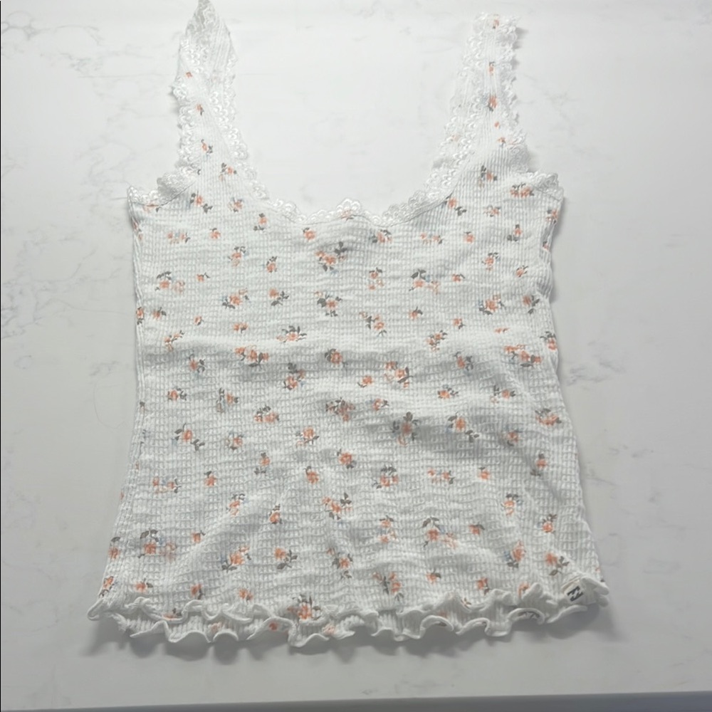 Billabong Floral Lace Trim White Tank Top